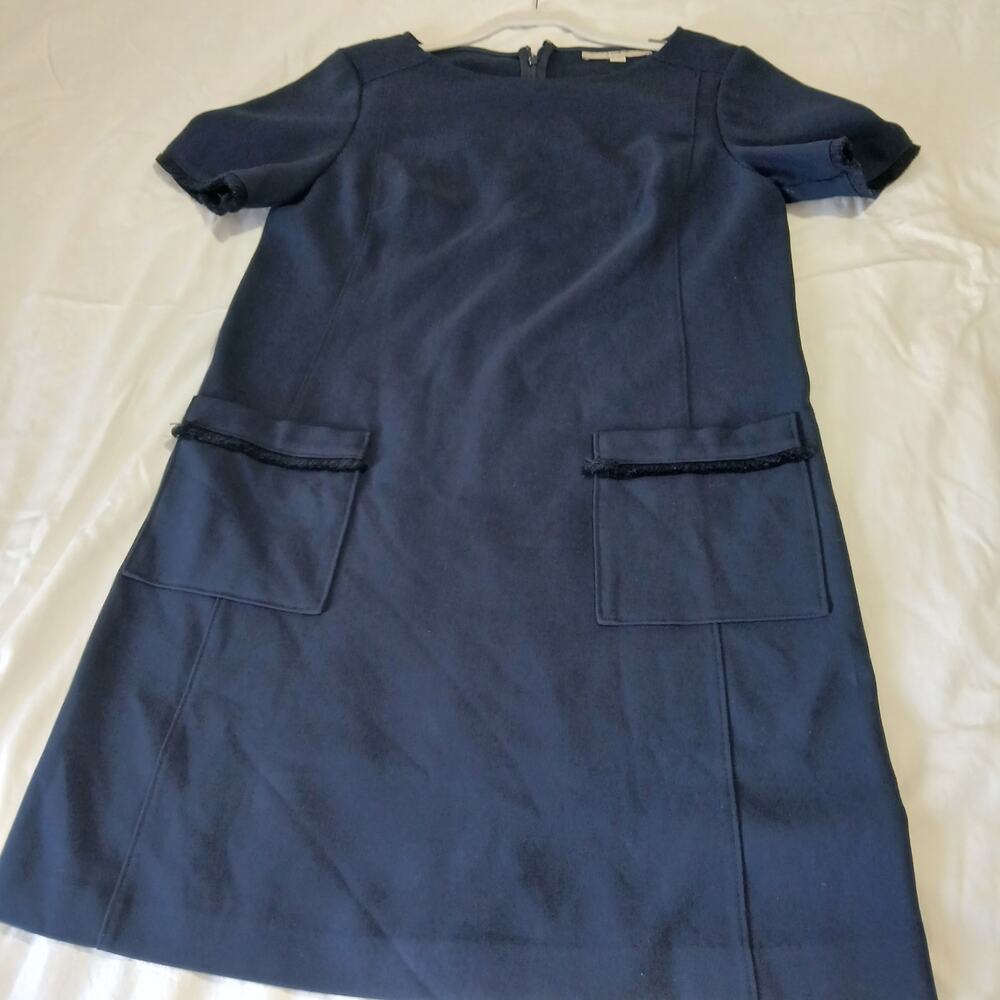 Loft 6 Navy Blue Sheath Short-Sleeved Dress Fringed/Frayed Pocket/Sleeve Detail